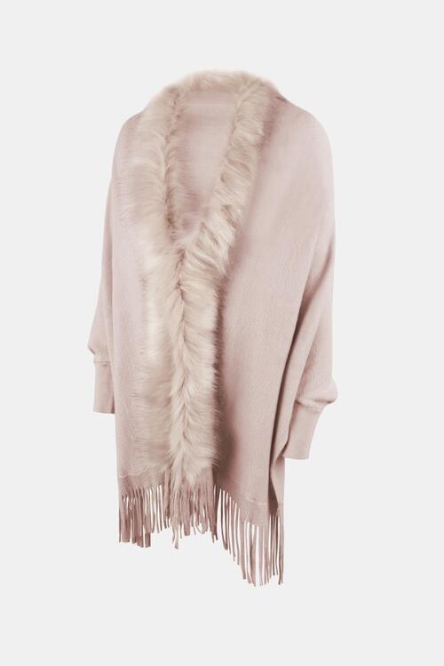 Winter Darling Fringe Open Front Faux Fur Poncho-MXSTUDIO.COM