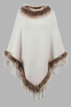 Winter Elegance Fringe Faux Fur Trim Poncho - MXSTUDIO.COM