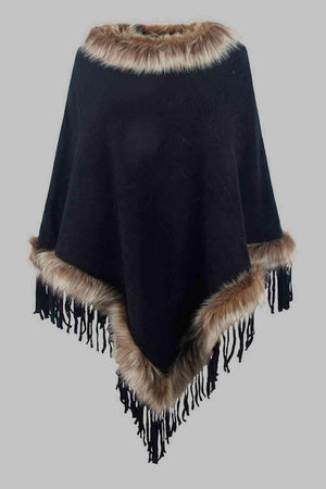 Winter Elegance Fringe Faux Fur Trim Poncho - MXSTUDIO.COM