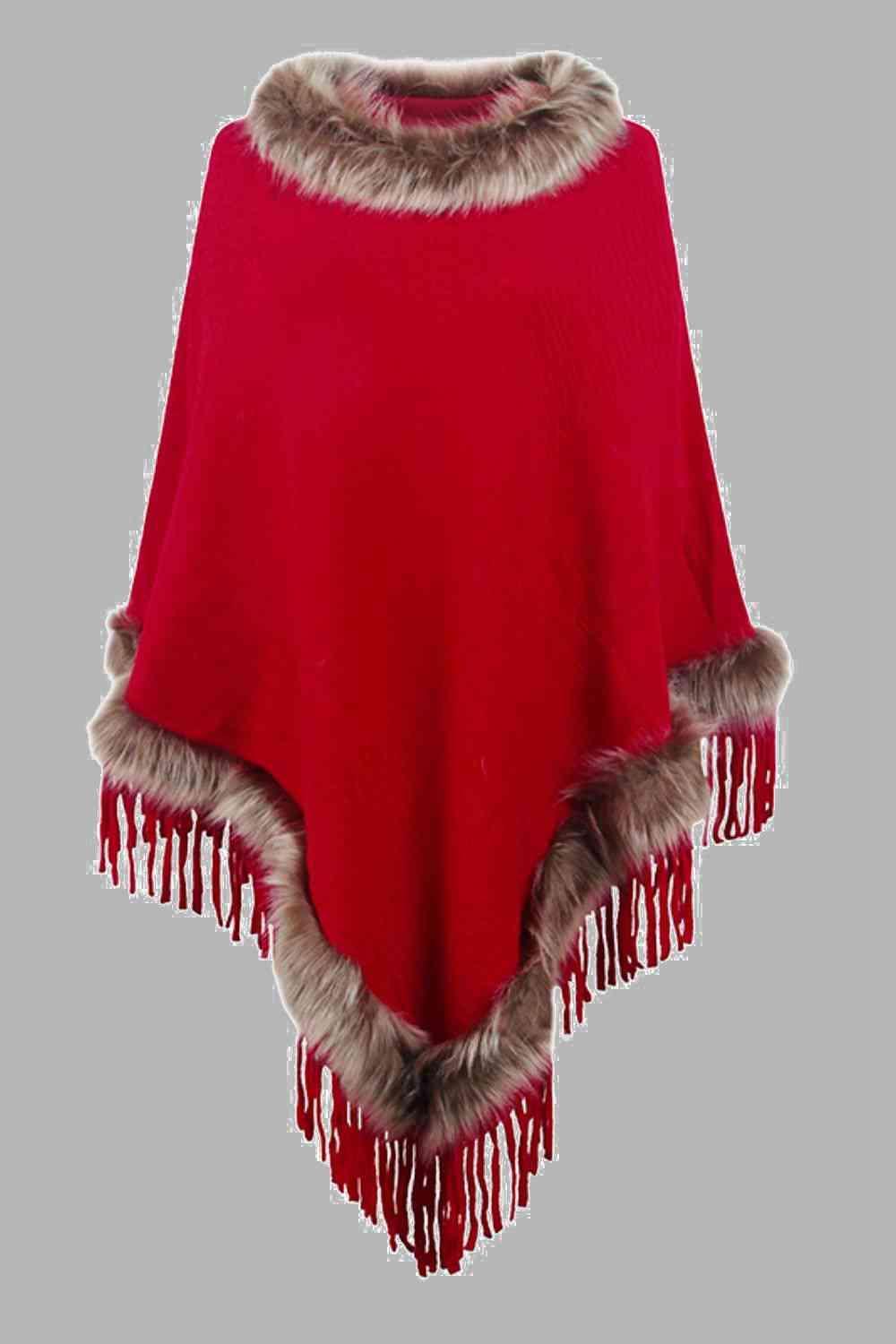 Winter Elegance Fringe Faux Fur Trim Poncho - MXSTUDIO.COM