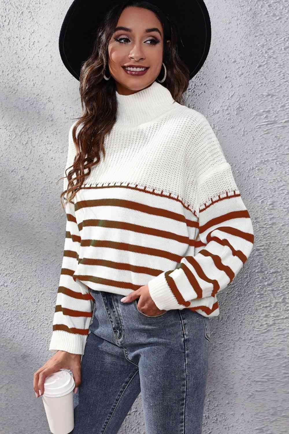 Winter Flair Turtleneck Stripe Sweater-MXSTUDIO.COM