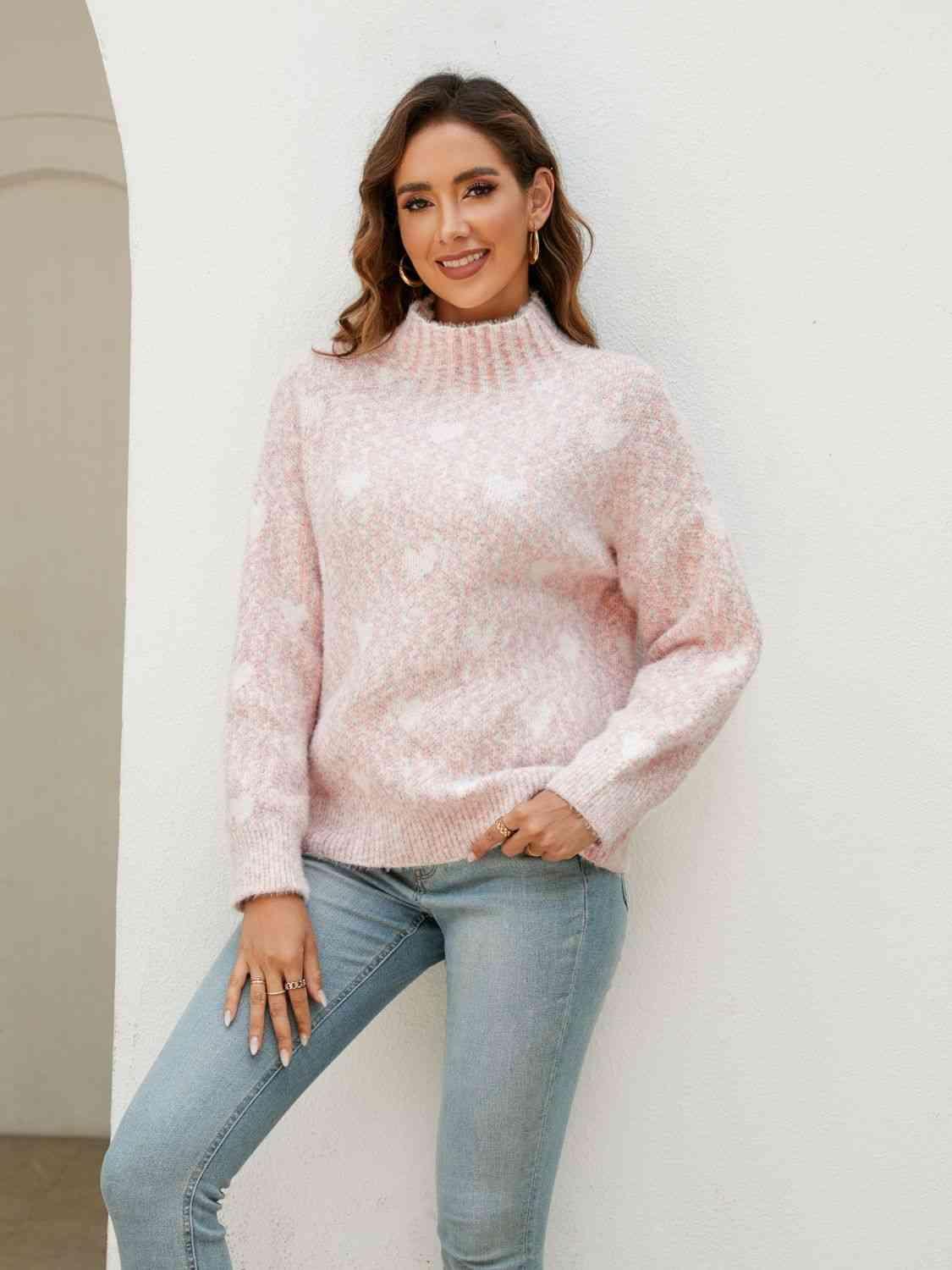 Winter Love Mock Neck Heart Sweater - MXSTUDIO.COM