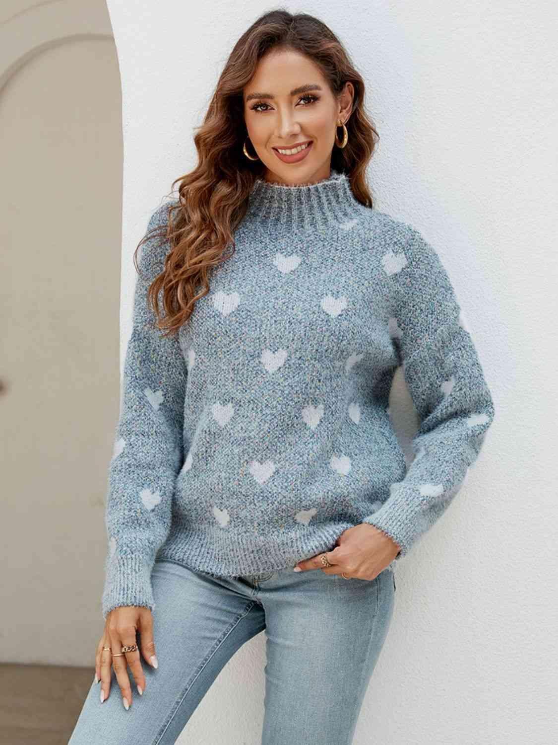 Winter Love Mock Neck Heart Sweater - MXSTUDIO.COM