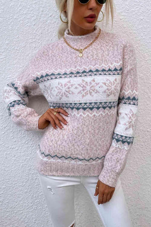 Winter Mood Mock Neck Knit Snowflake Sweater-MXSTUDIO.COM