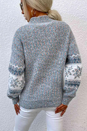 Winter Mood Mock Neck Knit Snowflake Sweater-MXSTUDIO.COM