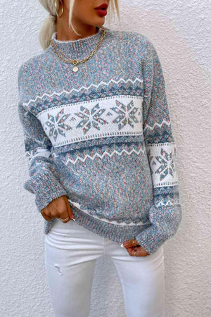 Winter Mood Mock Neck Knit Snowflake Sweater-MXSTUDIO.COM