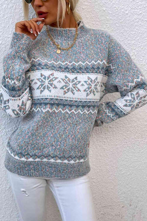 Winter Mood Mock Neck Knit Snowflake Sweater-MXSTUDIO.COM