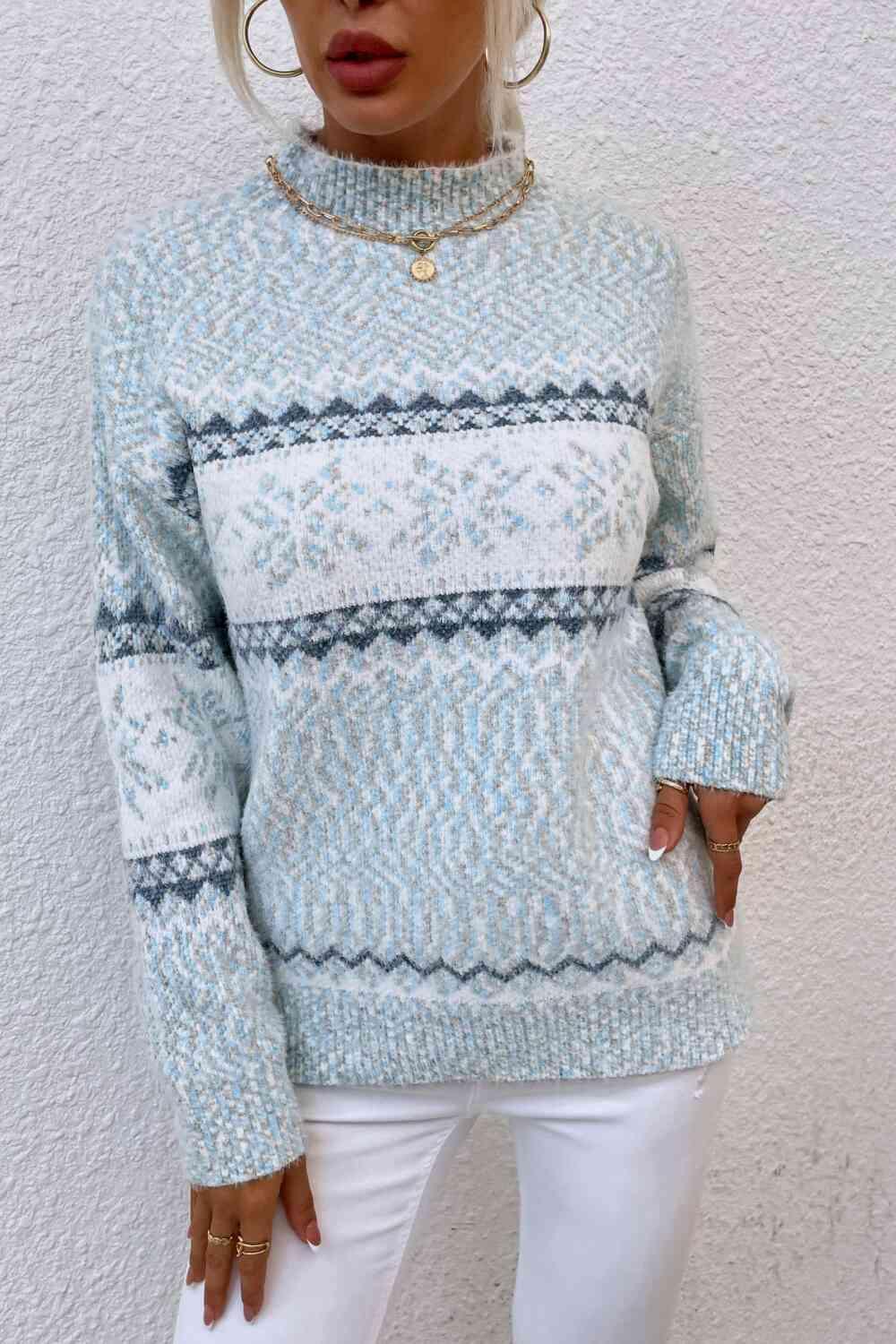 Winter Mood Mock Neck Knit Snowflake Sweater-MXSTUDIO.COM