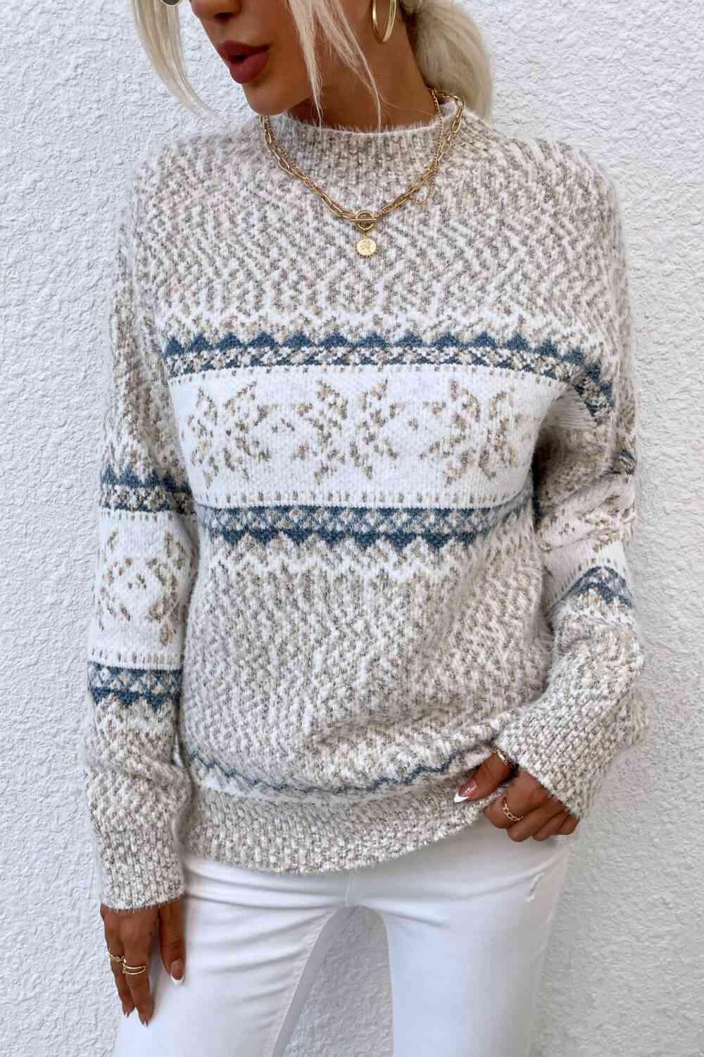 Winter Mood Mock Neck Knit Snowflake Sweater-MXSTUDIO.COM