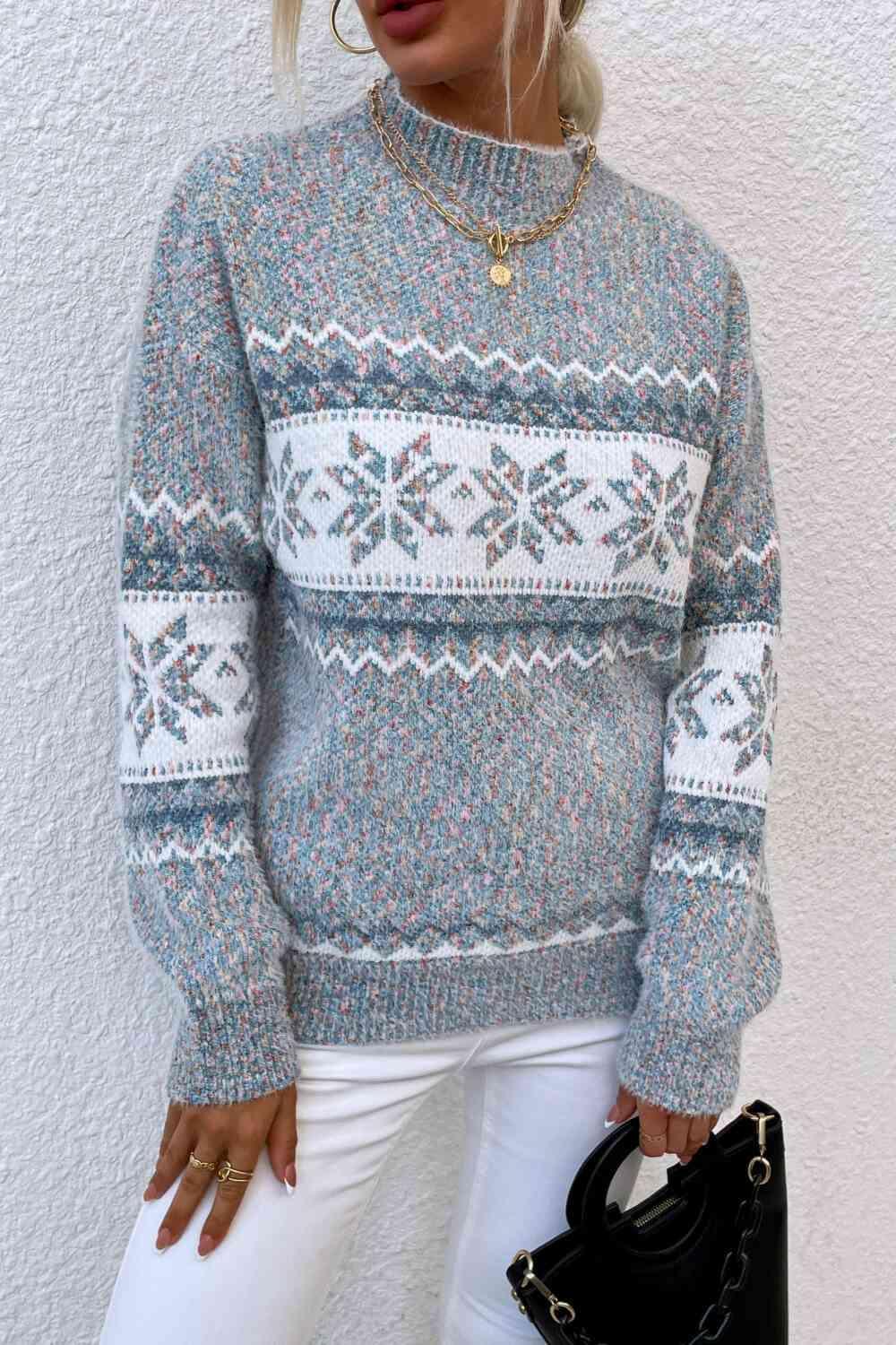 Winter Mood Mock Neck Knit Snowflake Sweater-MXSTUDIO.COM