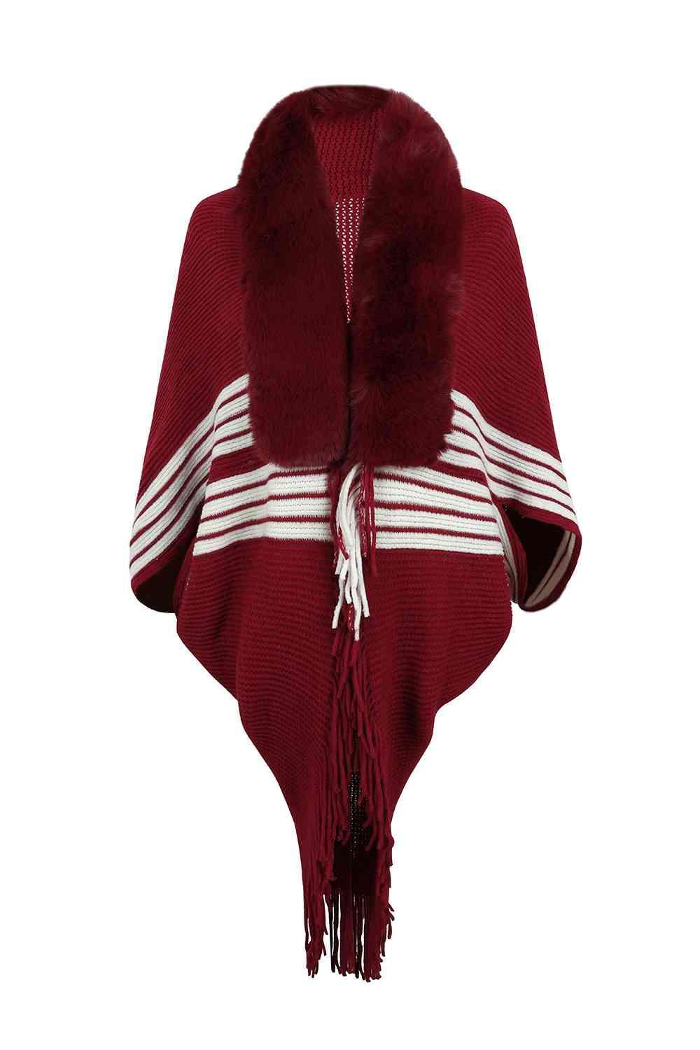 Winter Must-Have Fringe Faux Fur Trim Poncho - MXSTUDIO.COM