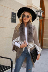 Winter Must-Have Fringe Faux Fur Trim Poncho - MXSTUDIO.COM