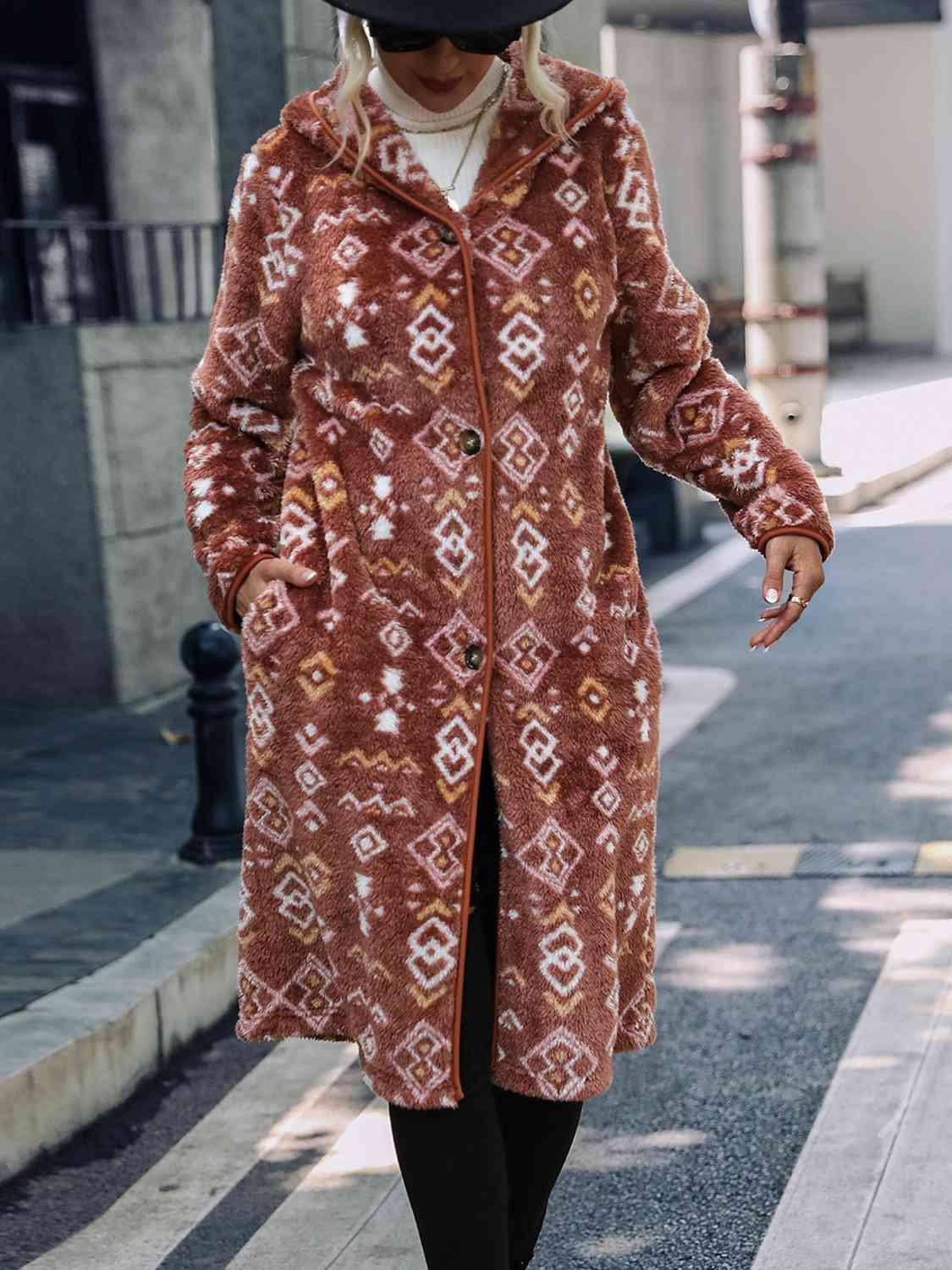 Winter Pizzazz Geometric Long Fleece Coat With Hood-MXSTUDIO.COM