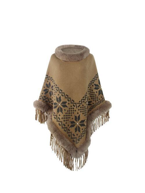 Winter Special Fringe Faux Fur Trim Poncho-MXSTUDIO.COM