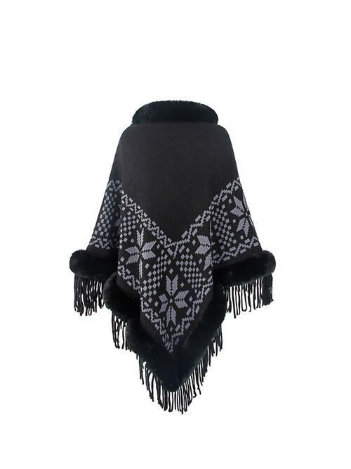 Winter Special Fringe Faux Fur Trim Poncho-MXSTUDIO.COM