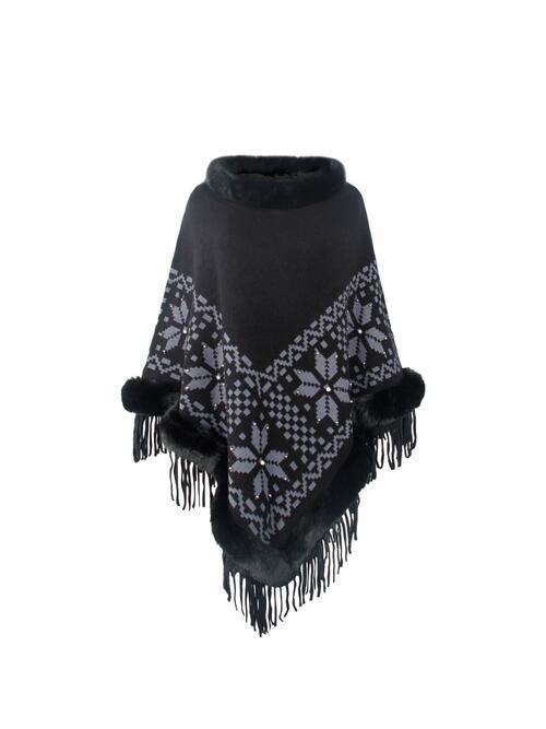 Winter Special Fringe Faux Fur Trim Poncho-MXSTUDIO.COM