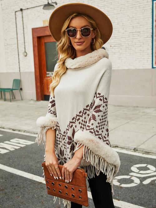 Winter Special Fringe Faux Fur Trim Poncho-MXSTUDIO.COM