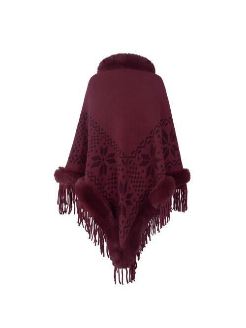 Winter Special Fringe Faux Fur Trim Poncho-MXSTUDIO.COM