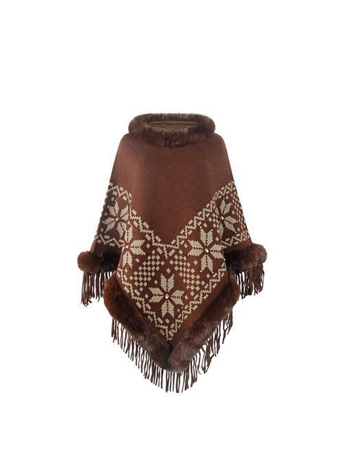 Winter Special Fringe Faux Fur Trim Poncho-MXSTUDIO.COM