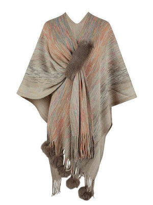 Winter Special Heathered Pom-Pom Fringe Poncho-MXSTUDIO.COM