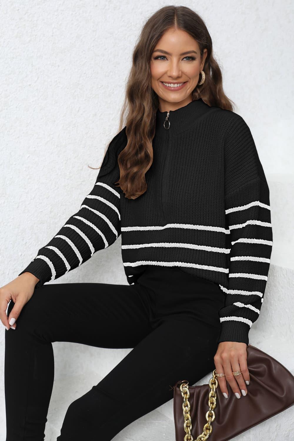 Winter Warmth Half Zip Mock Neck Striped Sweater - MXSTUDIO.COM