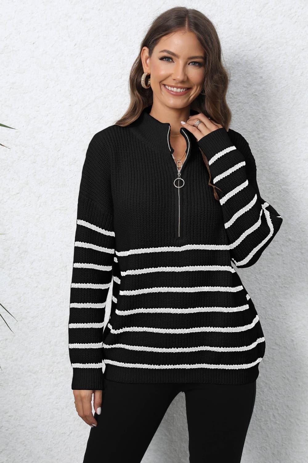 Winter Warmth Half Zip Mock Neck Striped Sweater - MXSTUDIO.COM