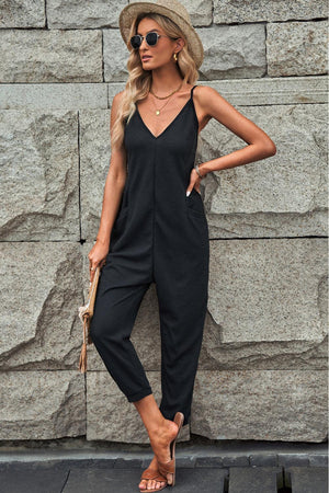 Woman Rule Deep V Black Sleeveless Jumpsuit - MXSTUDIO.COM