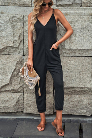 Woman Rule Deep V Black Sleeveless Jumpsuit - MXSTUDIO.COM