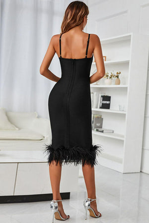 Women Rule Black Feather Trim Bodycon Dress - MXSTUDIO.COM