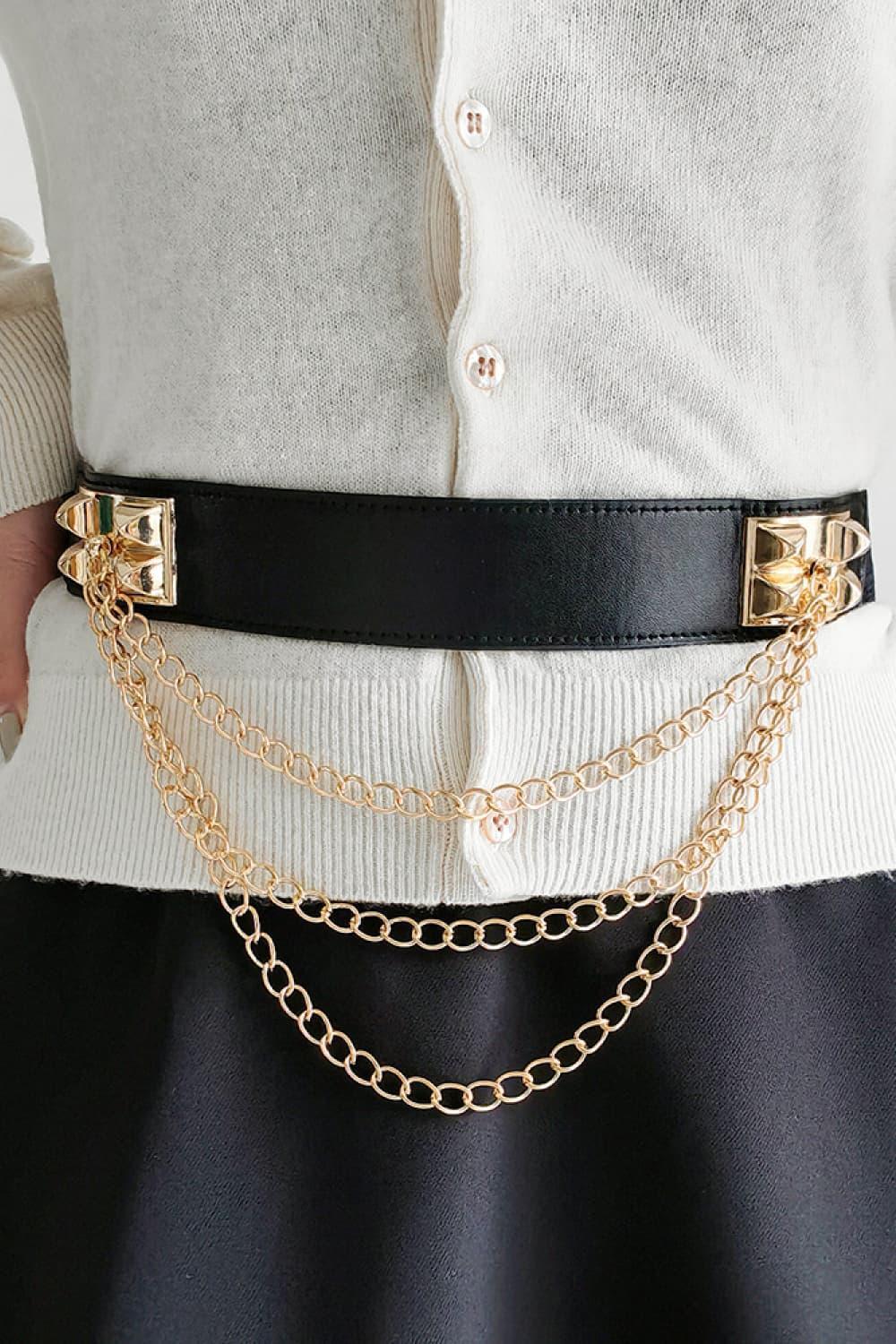 Women's Chain Accent Black Waist Elastic Belt - MXSTUDIO.COM