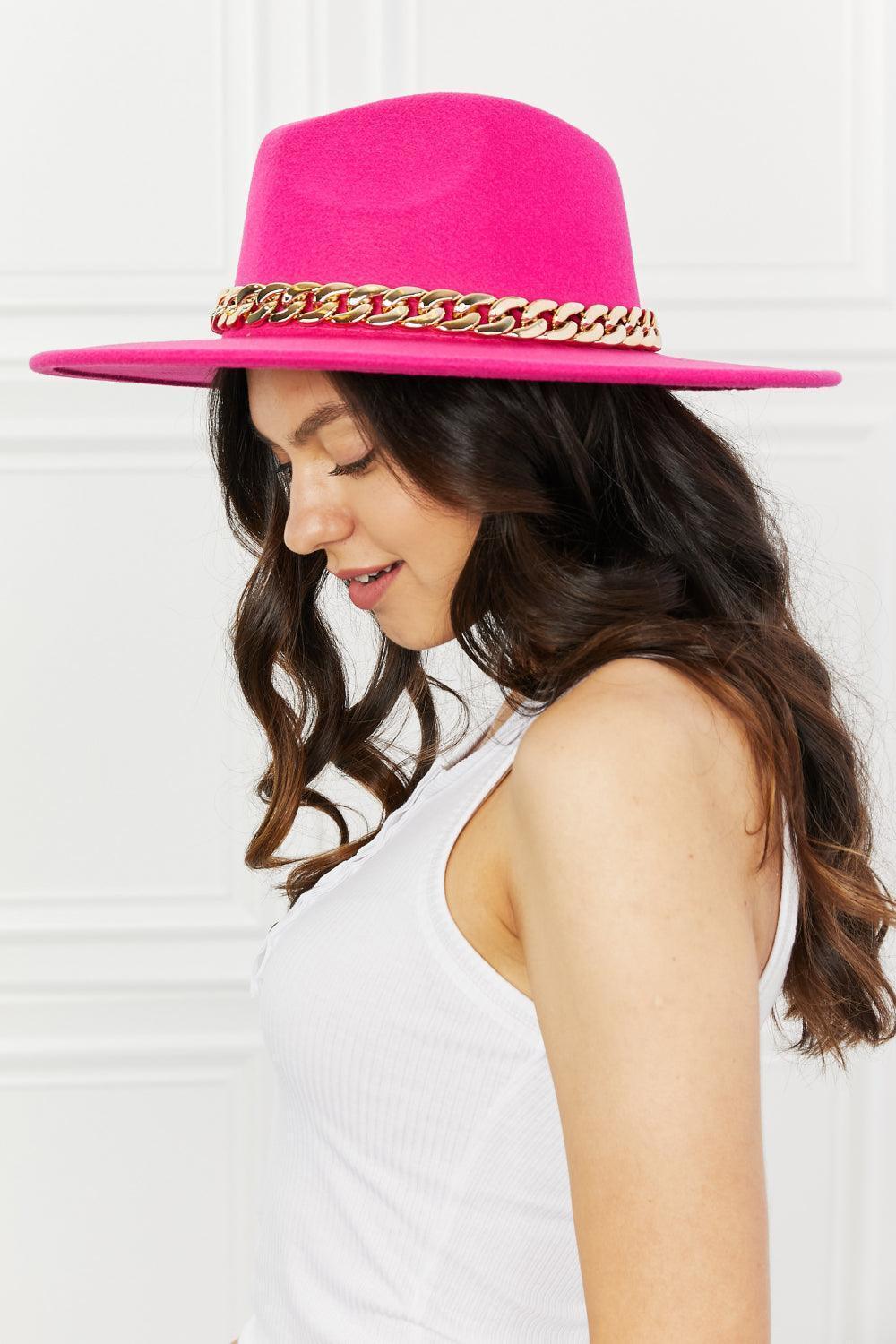 Women's Trendy Chain Belt Pink Fedora Hat - MXSTUDIO.COM