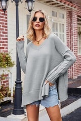 Wonderful Fall V-Neck Slit Oversized Sweater - MXSTUDIO.COM