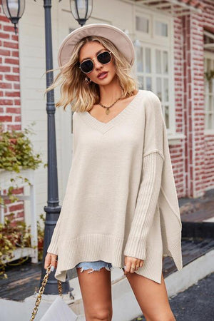 Wonderful Fall V-Neck Slit Oversized Sweater - MXSTUDIO.COM