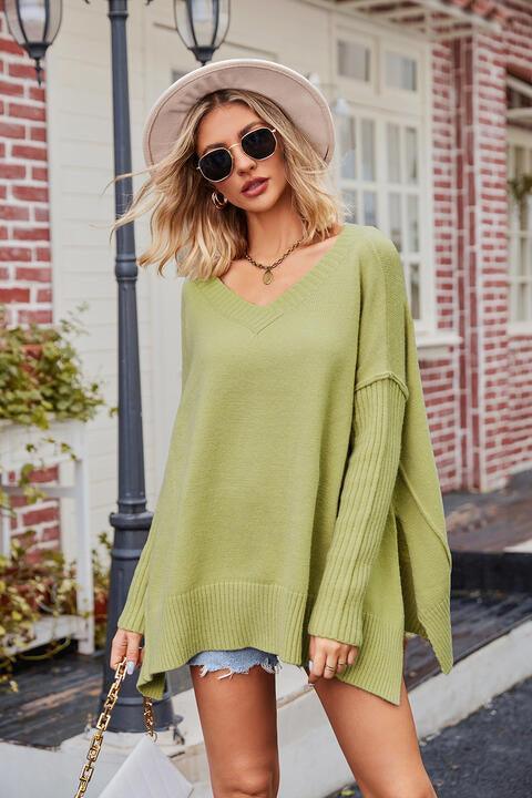 Wonderful Fall V-Neck Slit Oversized Sweater - MXSTUDIO.COM