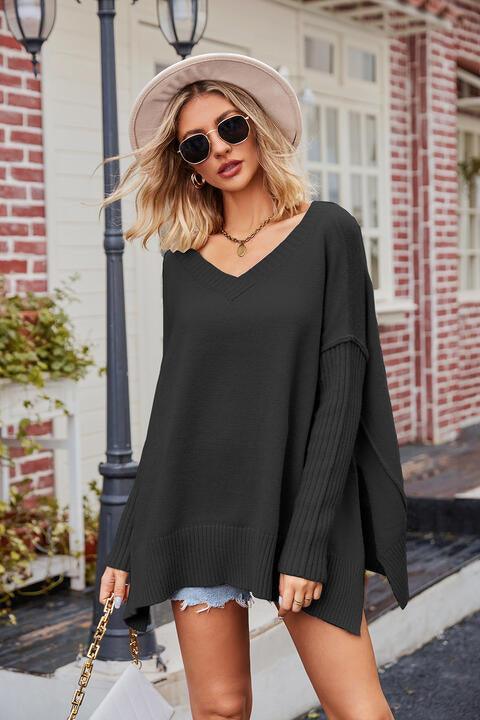 Wonderful Fall V-Neck Slit Oversized Sweater - MXSTUDIO.COM