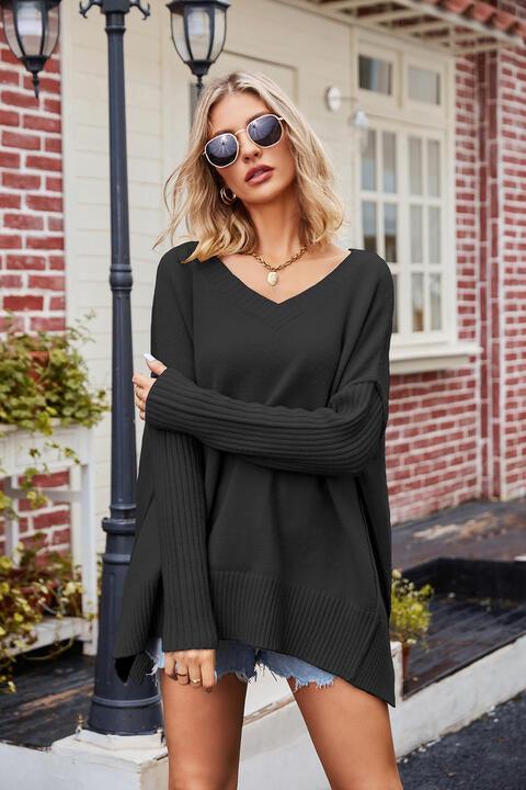 Wonderful Fall V-Neck Slit Oversized Sweater - MXSTUDIO.COM