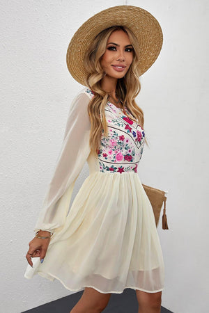 Wonderful Floral Mesh Sleeve Dress - MXSTUDIO.COM