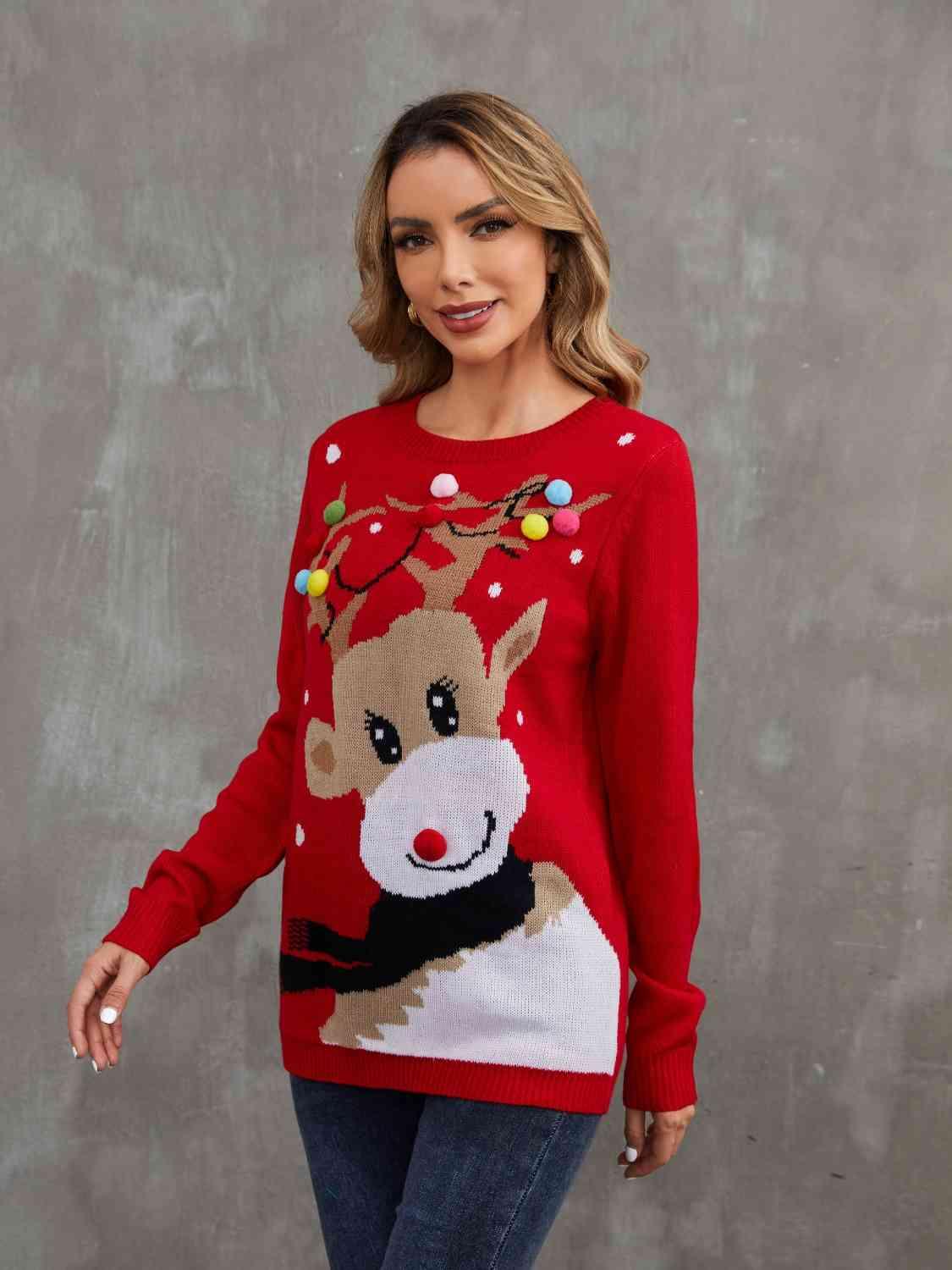 Wonderful Pom-Pom Trim Ribbed Rudolph Sweater-MXSTUDIO.COM