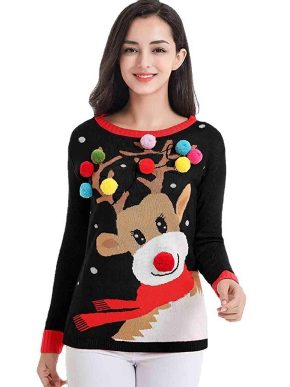 Wonderful Pom-Pom Trim Ribbed Rudolph Sweater-MXSTUDIO.COM