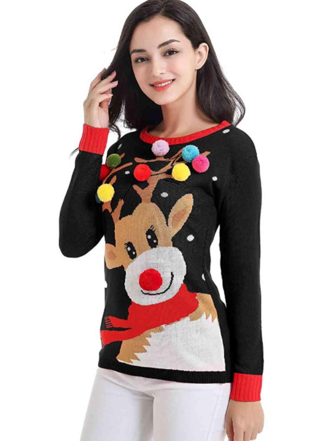 Wonderful Pom-Pom Trim Ribbed Rudolph Sweater-MXSTUDIO.COM