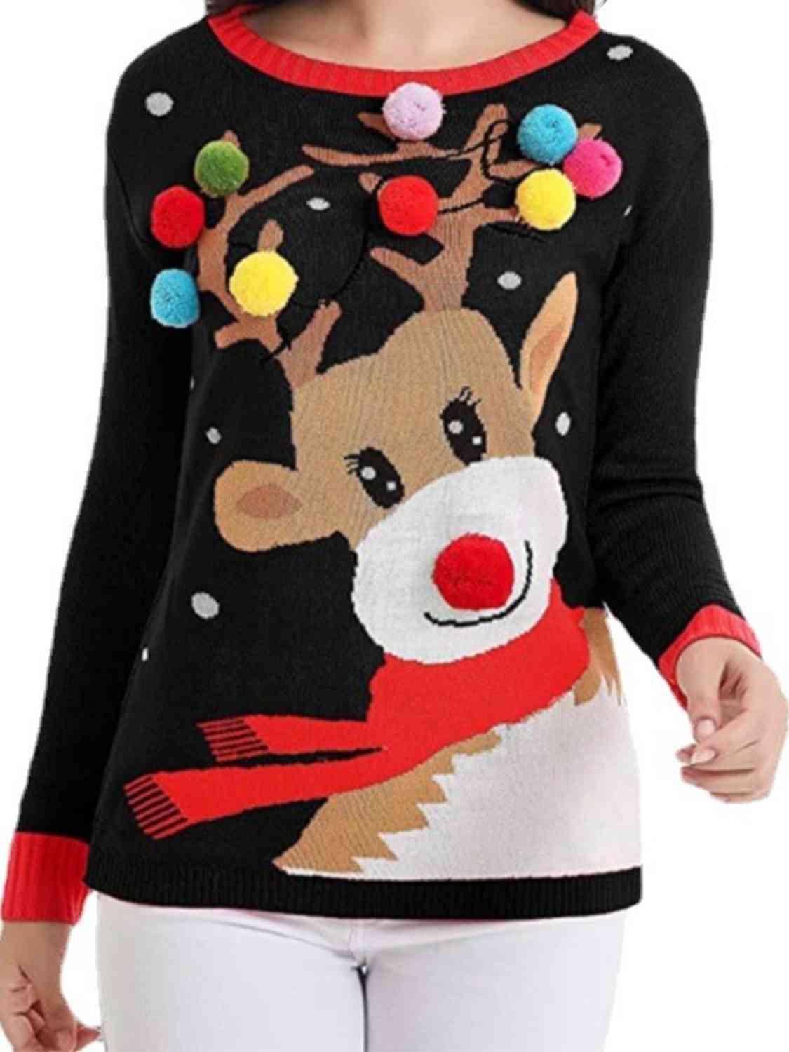 Wonderful Pom-Pom Trim Ribbed Rudolph Sweater-MXSTUDIO.COM