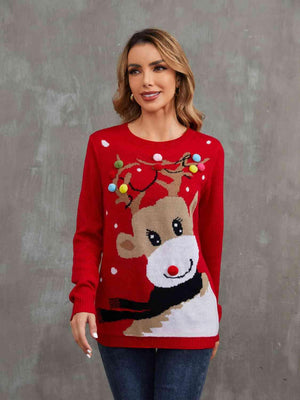 Wonderful Pom-Pom Trim Ribbed Rudolph Sweater-MXSTUDIO.COM