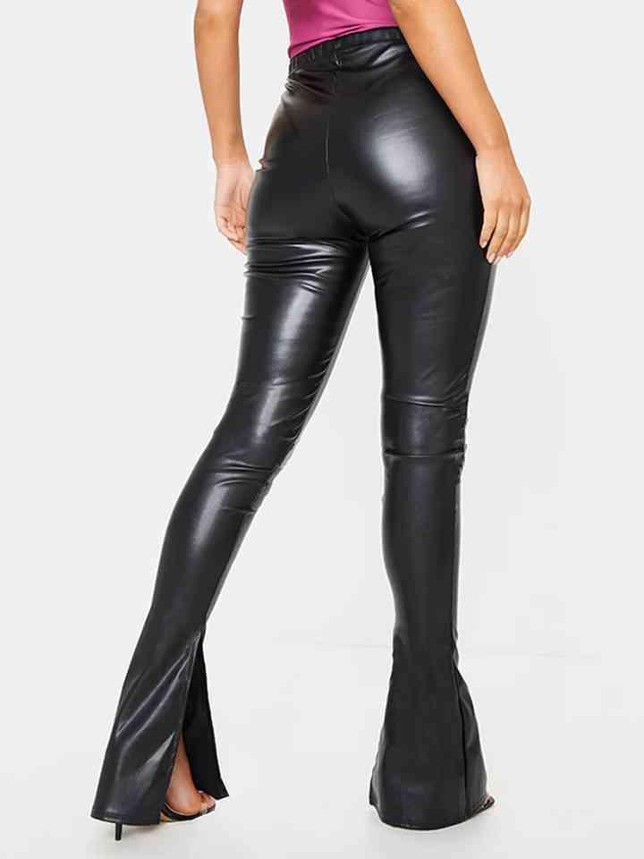Work To Leisure Black Faux Leather Slit Pants - MXSTUDIO.COM