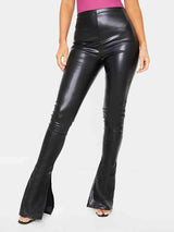 Work To Leisure Black Faux Leather Slit Pants - MXSTUDIO.COM