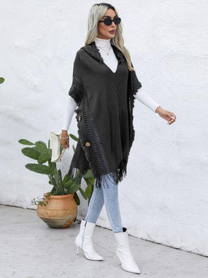 Worn-Out Look Fringe Trim Hooded Poncho-MXSTUDIO.COM