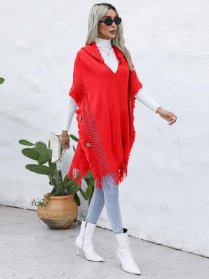 Worn-Out Look Fringe Trim Hooded Poncho-MXSTUDIO.COM