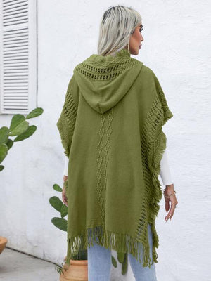 Worn-Out Look Fringe Trim Hooded Poncho-MXSTUDIO.COM