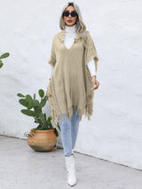 Worn-Out Look Fringe Trim Hooded Poncho-MXSTUDIO.COM