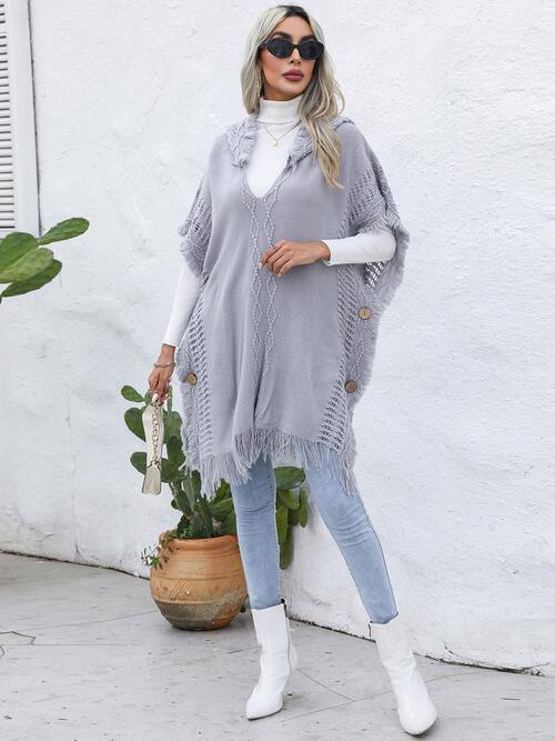 Worn-Out Look Fringe Trim Hooded Poncho-MXSTUDIO.COM