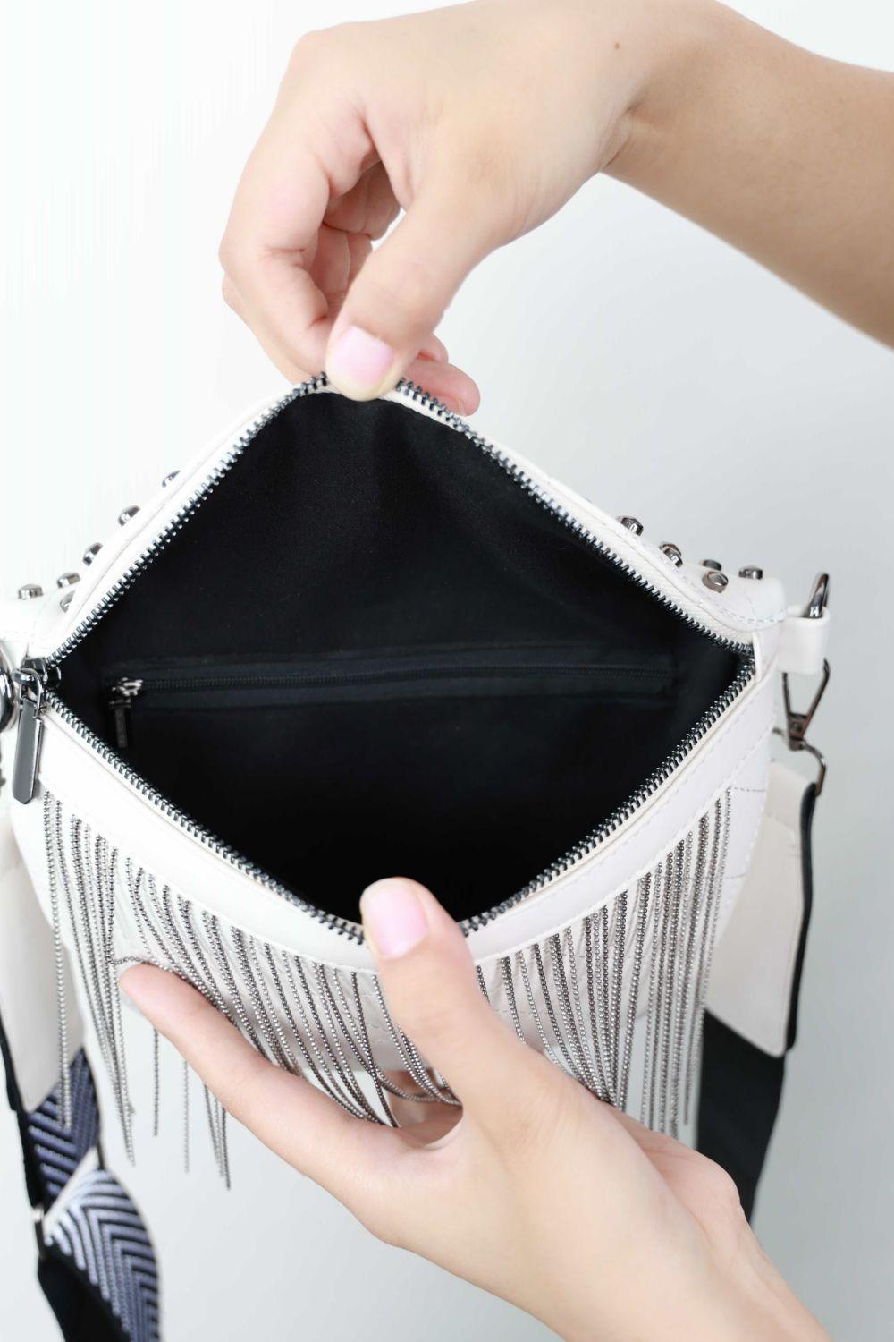 Woven Patten Black PU Leather Studded Fringe Sling Bag - MXSTUDIO.COM